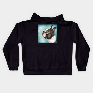 Painting of an Adorable Boston Terrier Looking Left on Blue Background Kids Hoodie